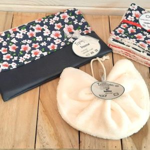 Ensemble 1 trousse a maquillage + 10 lingettes lavables + 1 Fleur de douche en éponge de bambou, idée cadeau, cadeau maitresse